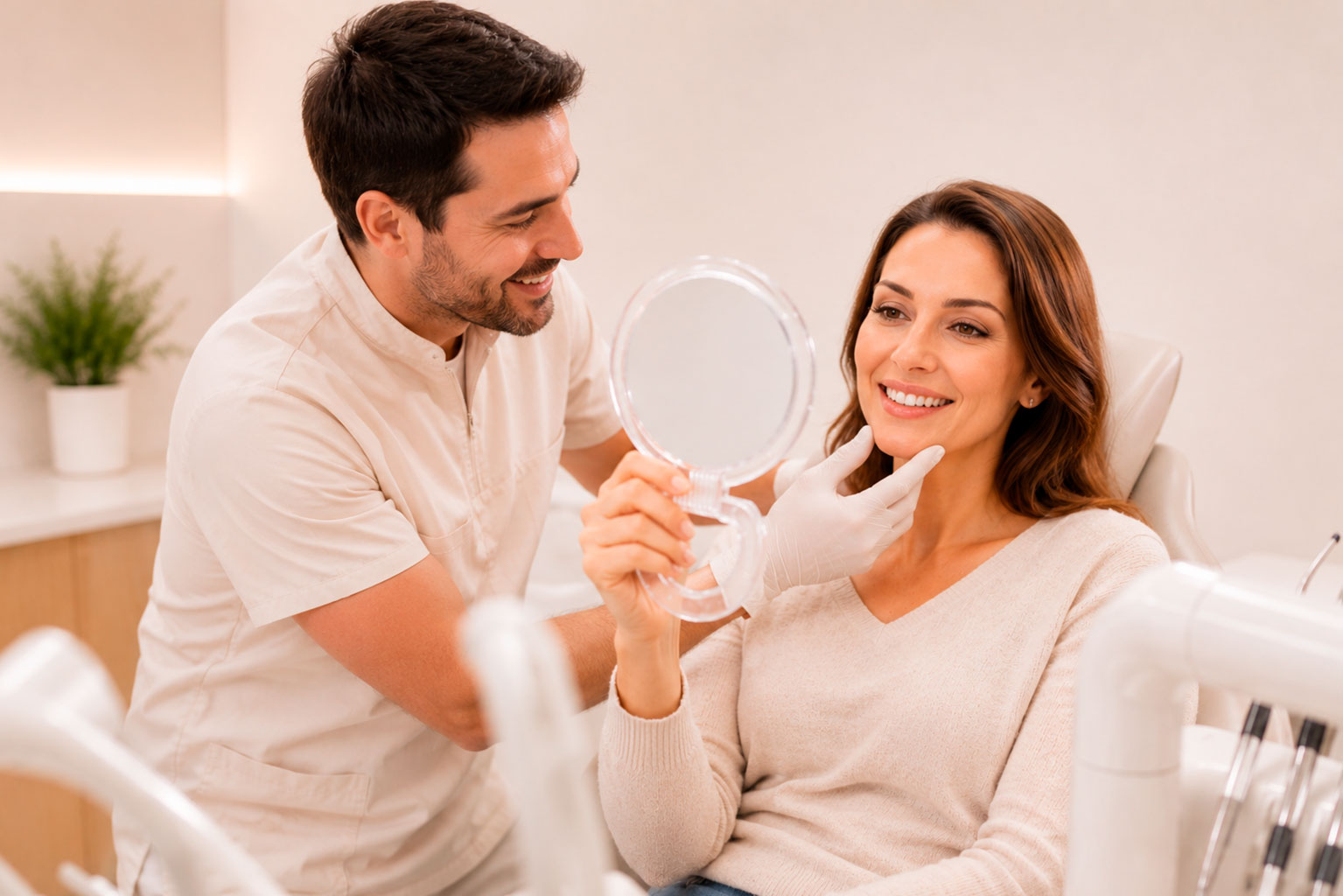 Paciente observando su sonrisa junto a un odontólogo durante una consulta de estética dental.