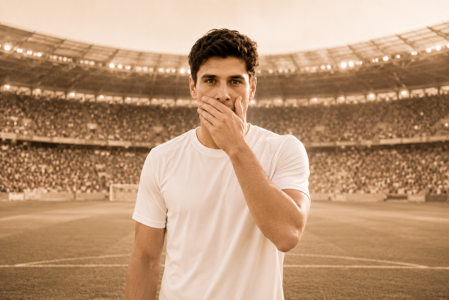 Futbolista con dolor dental en un estadio durante el Mundial 2026