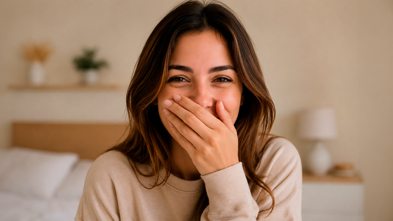 sonreir-sin-mostrar-los-dientes-autoestima-biosmile Mujer riéndose mientras se tapa la boca por inseguridad al mostrar los dientes