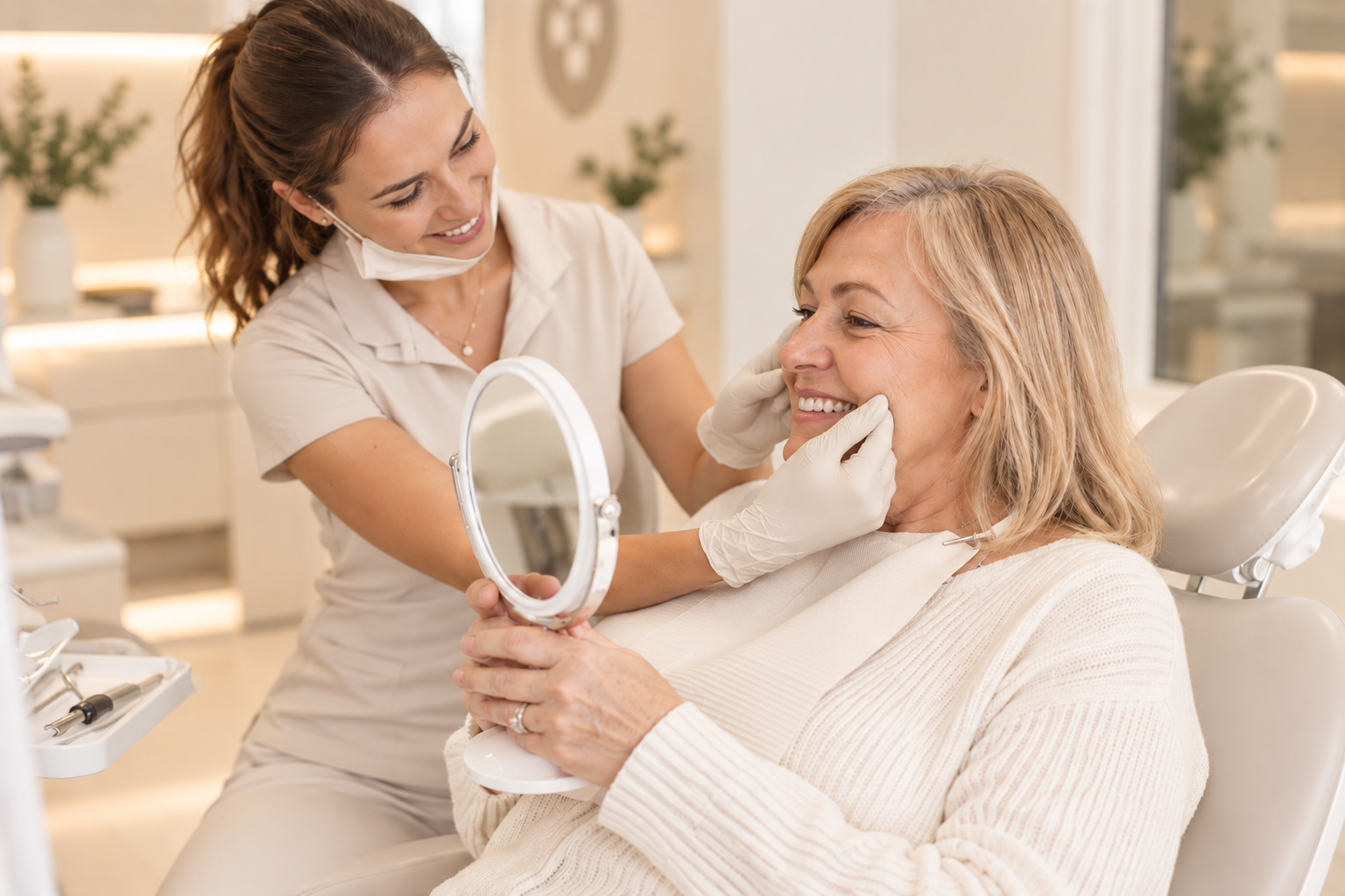 Paciente observando los resultados de su tratamiento dental junto a una odontóloga